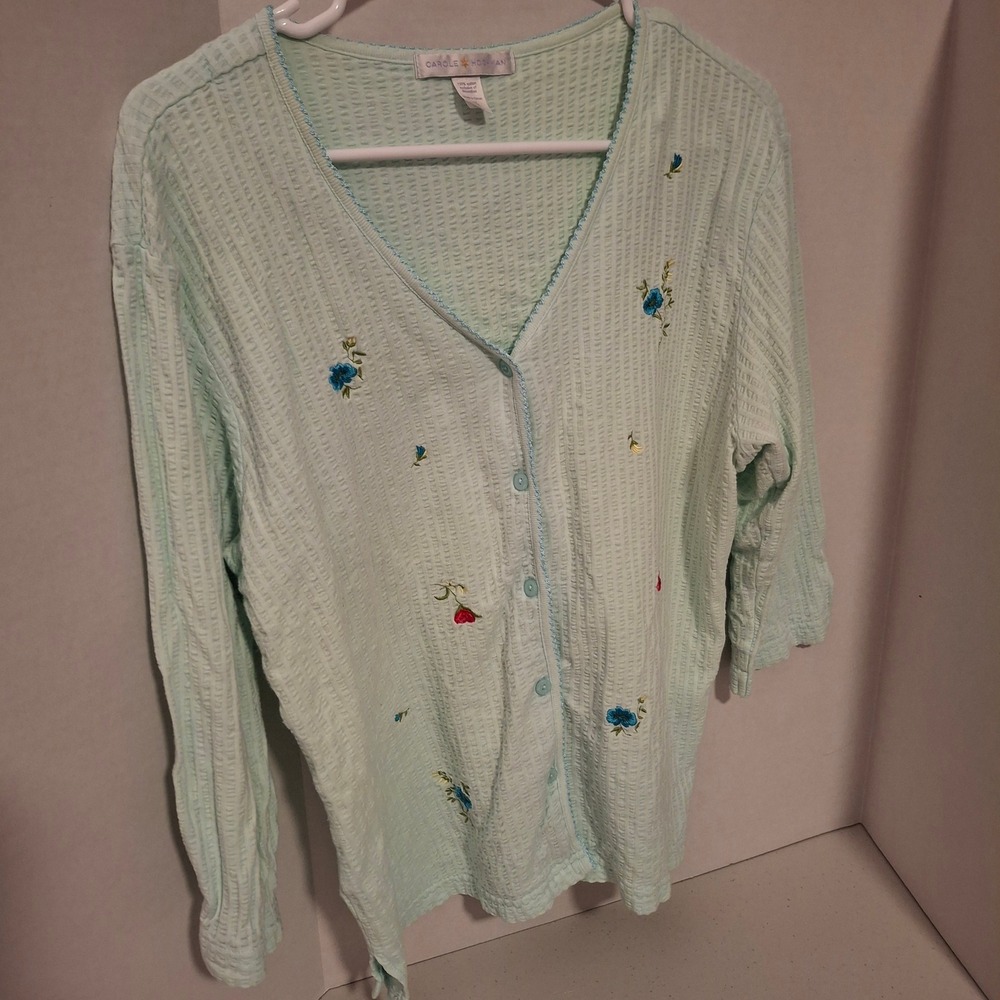 CAROLE HOCHMAN Light‎ Blue Waffle Knit Embroidered Button Front Cardigan M